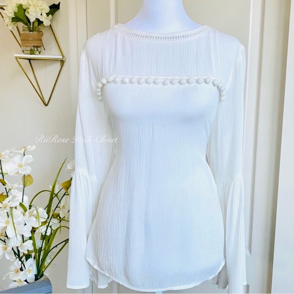 NWT G Collection Flowy Bell Sleeve Pom Pom Blouse
